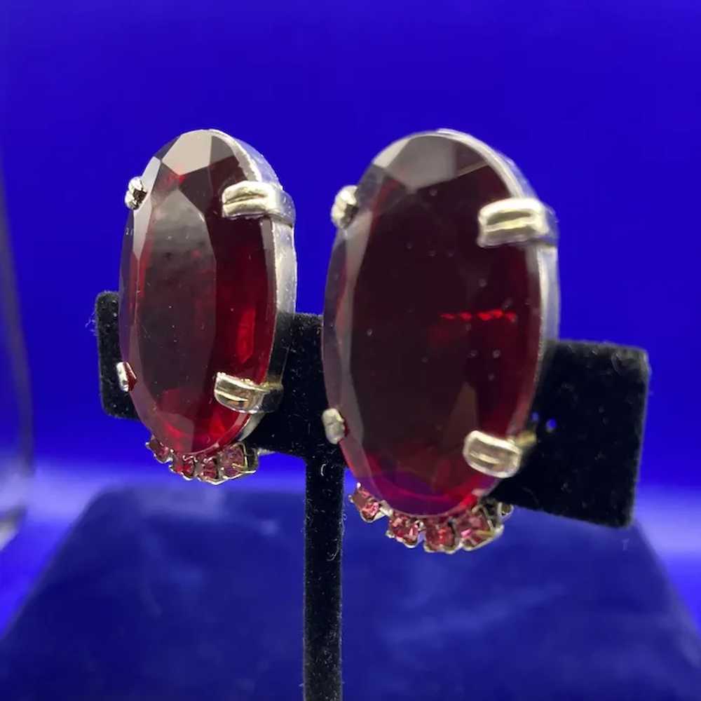 Large Ruby Red Open Back Oval Clip Earrings with … - image 6