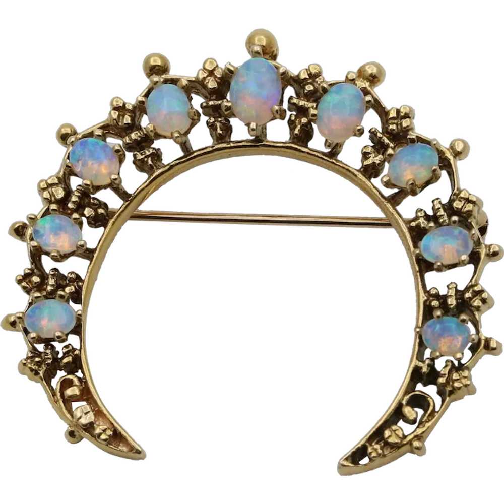 Vintage Opal and 14K Gold Crescent Pin - image 1