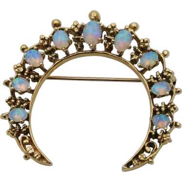 Vintage Opal and 14K Gold Crescent Pin - image 1