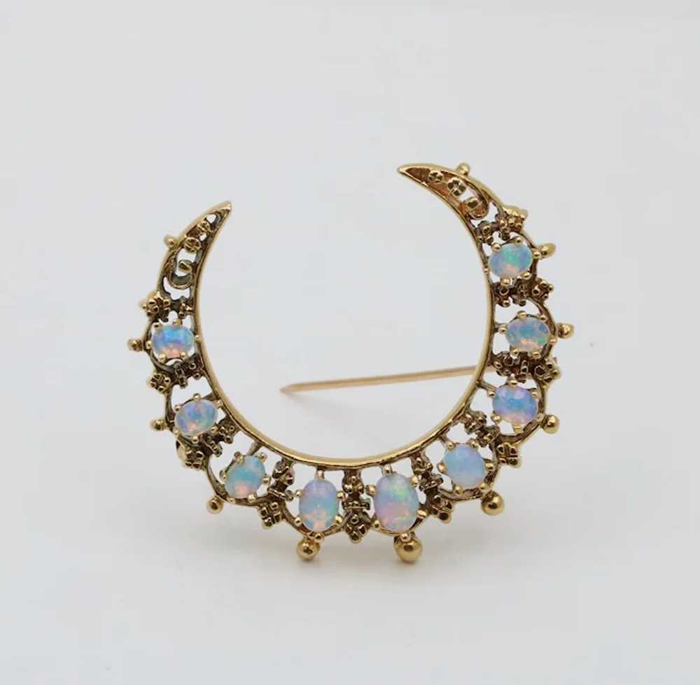 Vintage Opal and 14K Gold Crescent Pin - image 2