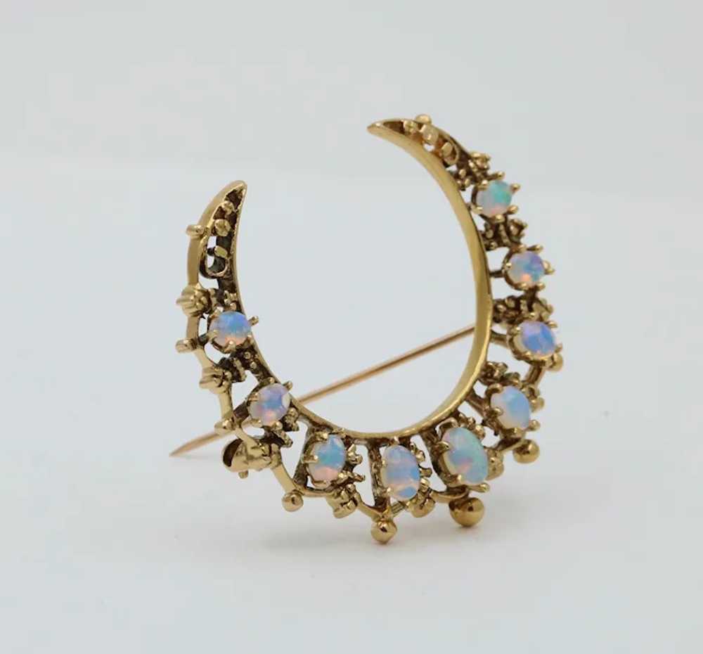 Vintage Opal and 14K Gold Crescent Pin - image 3