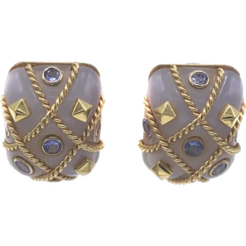 1980s Agate Sapphire 18 Karat Gold Cage Ear Clips - image 1