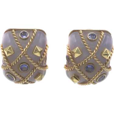 1980s Agate Sapphire 18 Karat Gold Cage Ear Clips - image 1