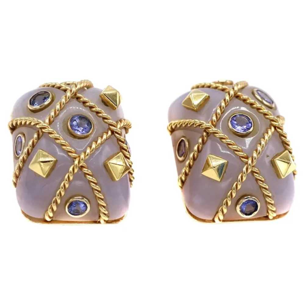 1980s Agate Sapphire 18 Karat Gold Cage Ear Clips - image 2