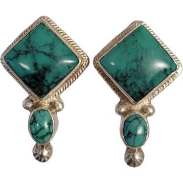 Victor Sterling, Turquoise Square Oval Clip-On Ear