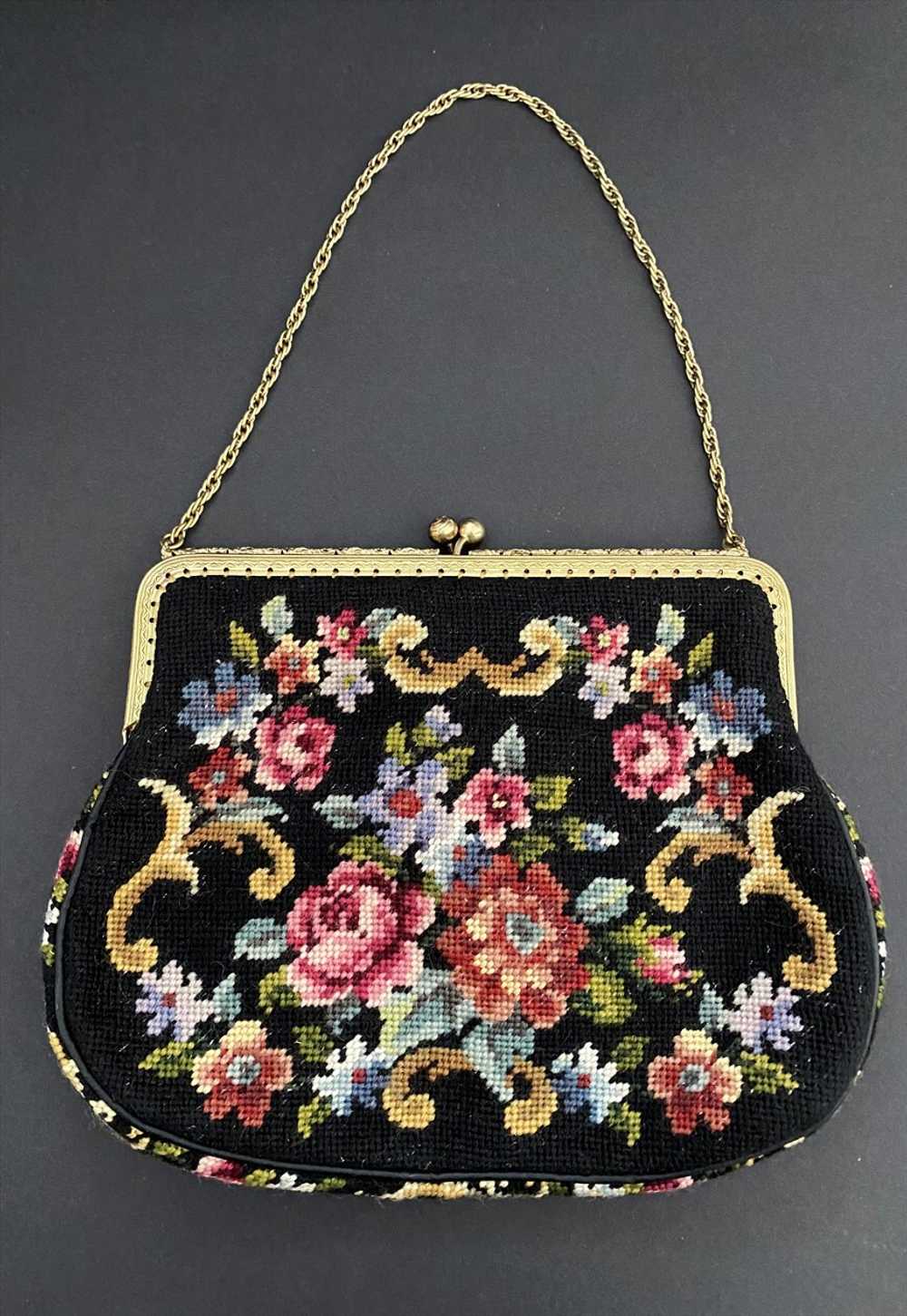 50's/60's Vintage Black Bag Tapestry Hand Held Ha… - image 2