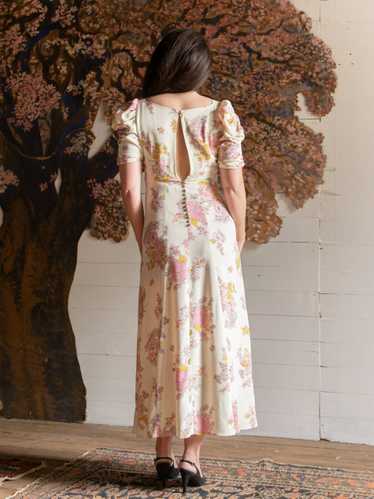 1970s Pristine Pink & Yellow Floral Puff Sleeve Go