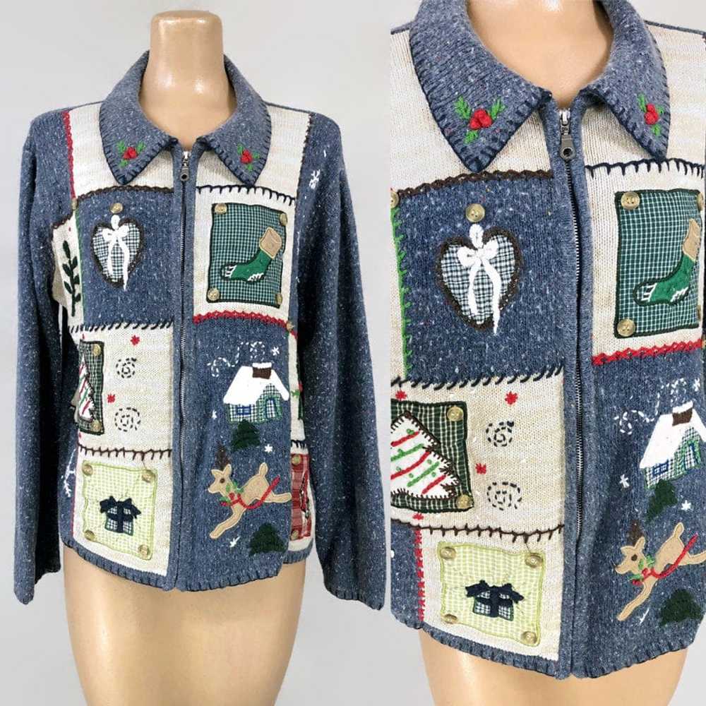 90s Vintage Holiday Christmas Applique Zip Front … - image 3