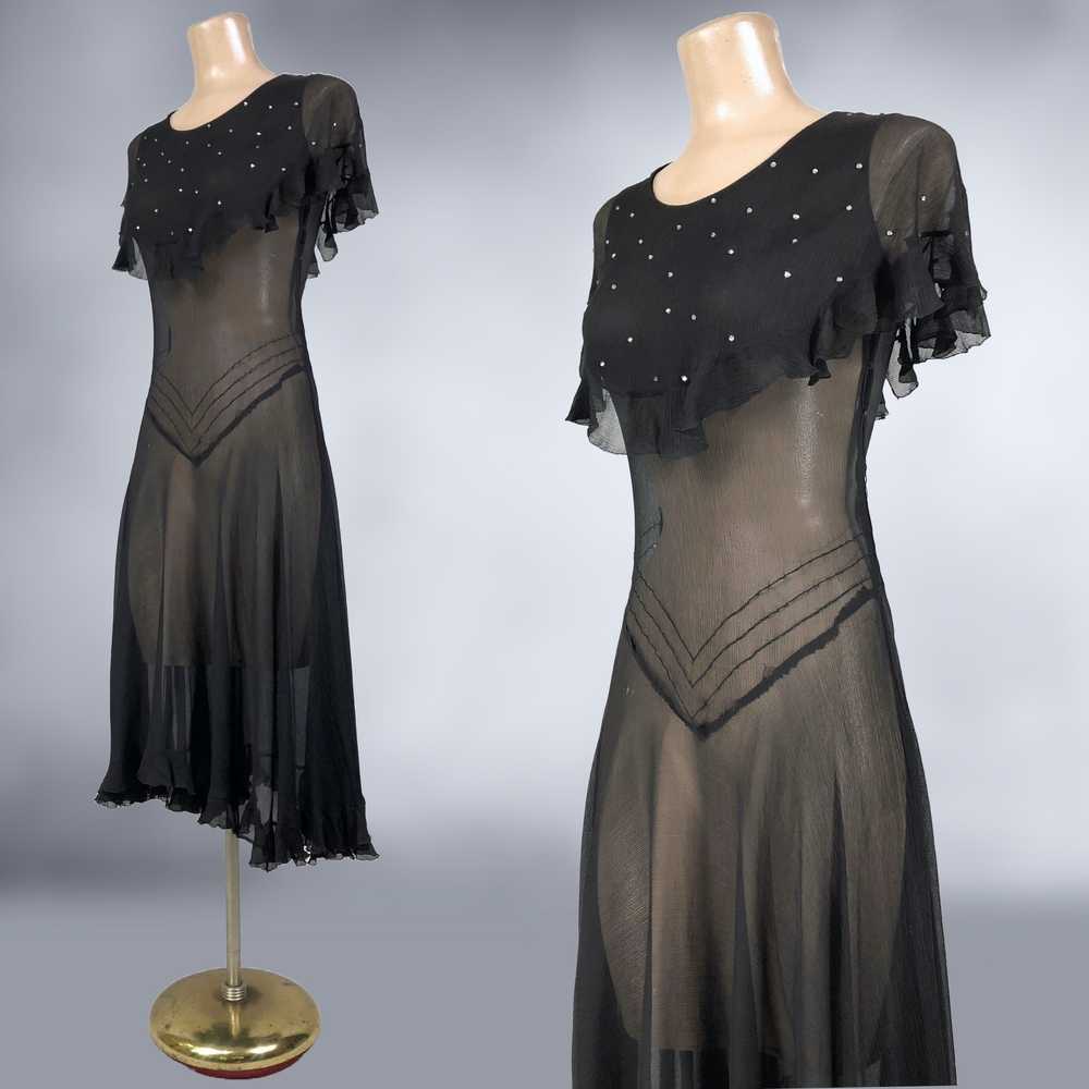 20s Vintage Art-Deco Drop Waist Black Sheer Silk … - image 7