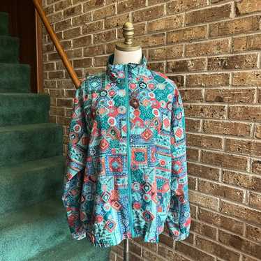 VTG 80s Blue Colorful Aztec Boho Floral Windbreak… - image 1