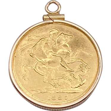 Gold Sovereign Coin Pendant c. 1887 in 14K Gold F… - image 1