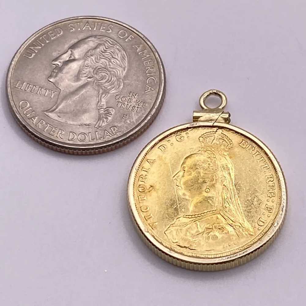 Gold Sovereign Coin Pendant c. 1887 in 14K Gold F… - image 3