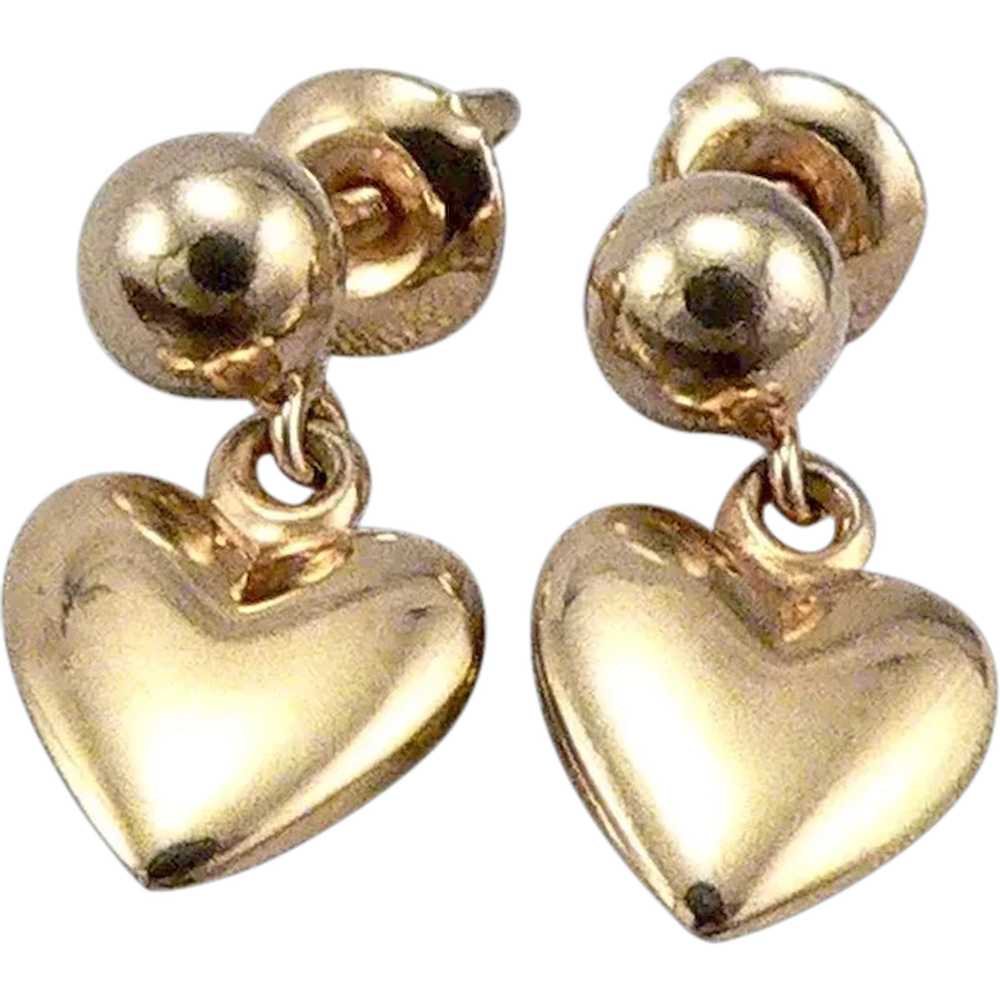 Vintage 10K Yellow GOLD Puffy Heart Dangle Pierce… - image 1