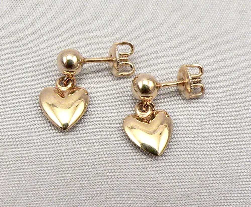 Vintage 10K Yellow GOLD Puffy Heart Dangle Pierce… - image 2