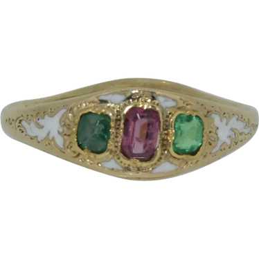 Victorian 14K White Enamel Garnet and Emerald Ring