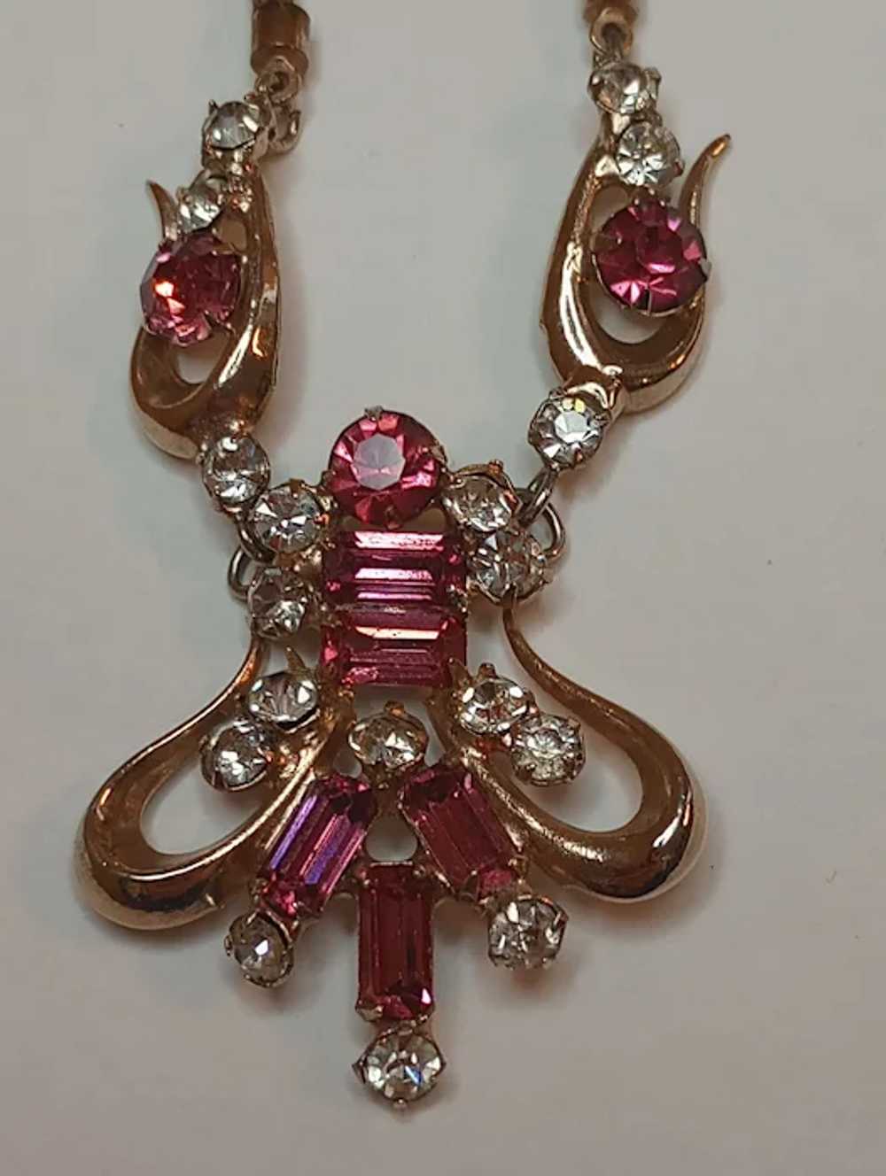 Vintage Necklace Pink Clear Rhinestones, Snake Ch… - image 2