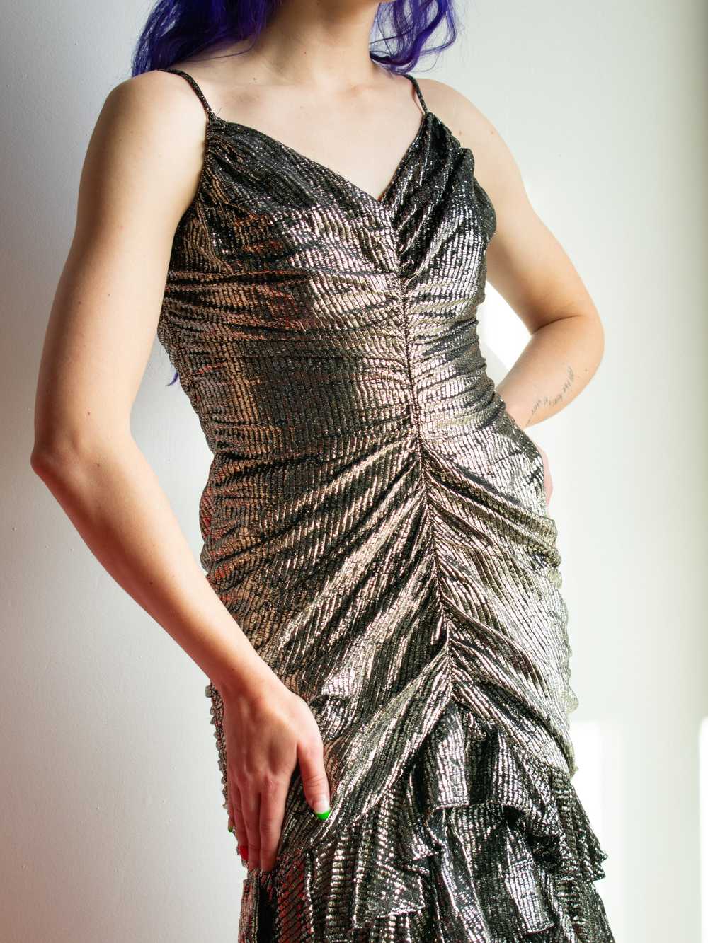 80’s Silver Lurex Lamé Rouched Ruffle Disco Party… - image 7