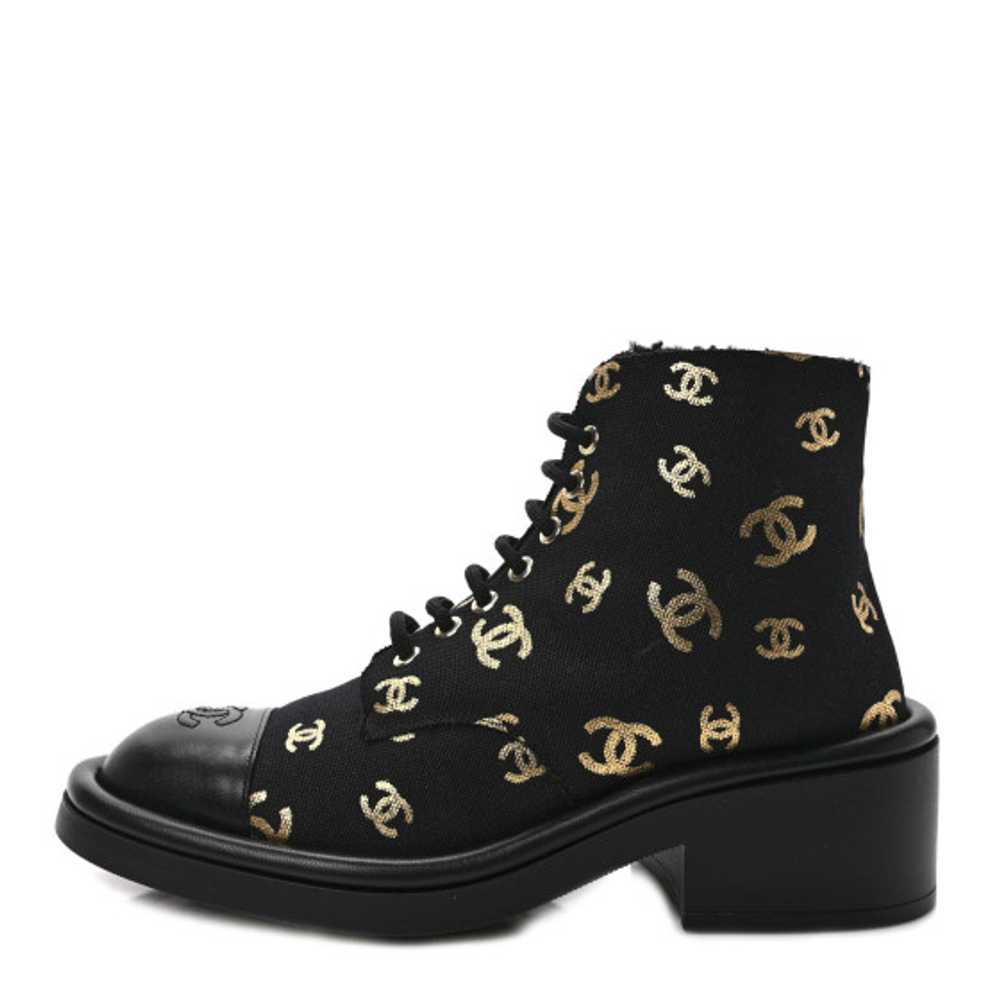 CHANEL Lambskin Shearling Canvas CC Lace Up Boots… - image 1