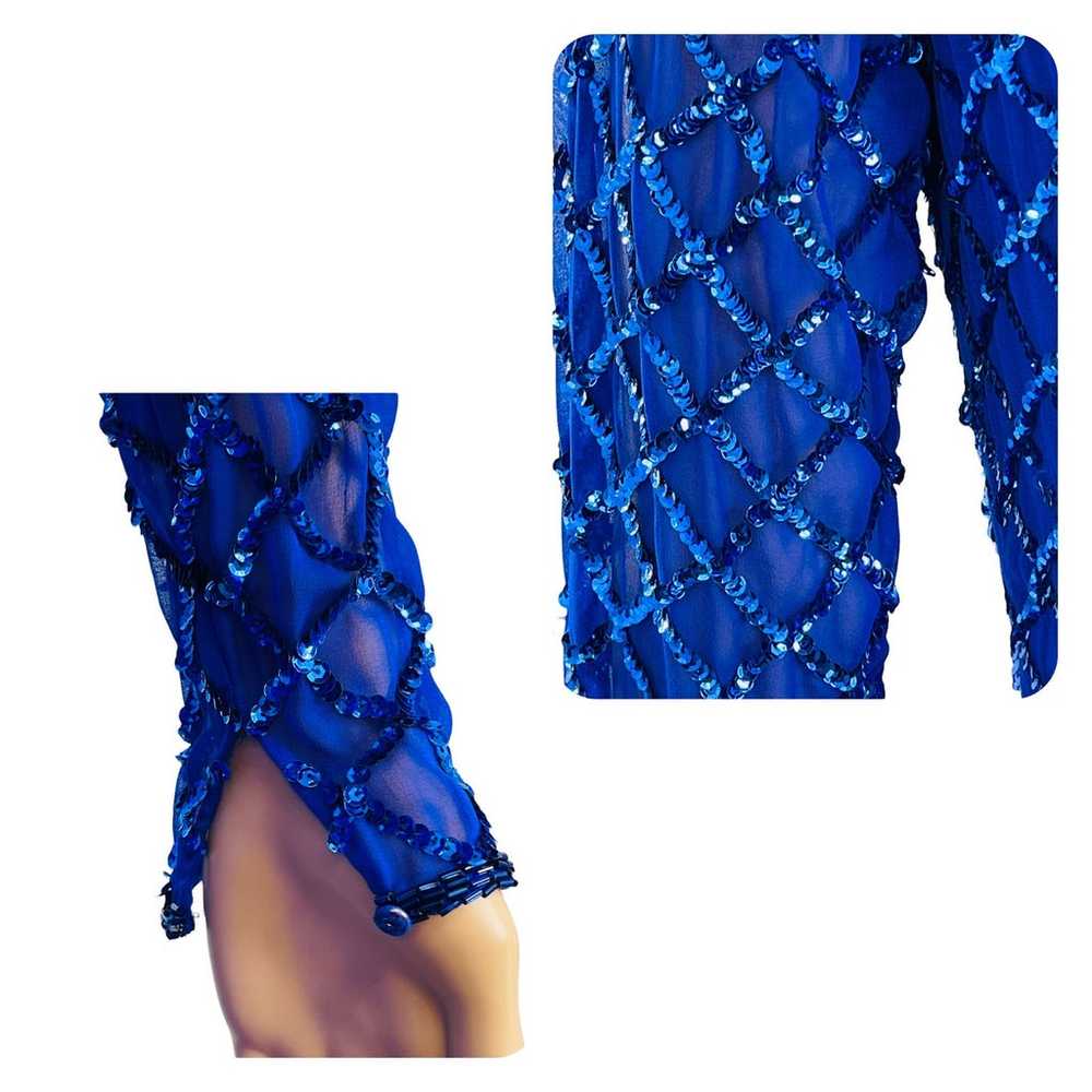 VINTAGE 80s NITELINE Blue 100% Silk Sequins Long … - image 10