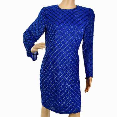 VINTAGE 80s NITELINE Blue 100% Silk Sequins Long … - image 1