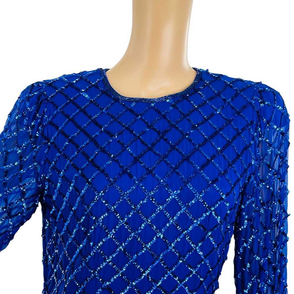 VINTAGE 80s NITELINE Blue 100% Silk Sequins Long … - image 3