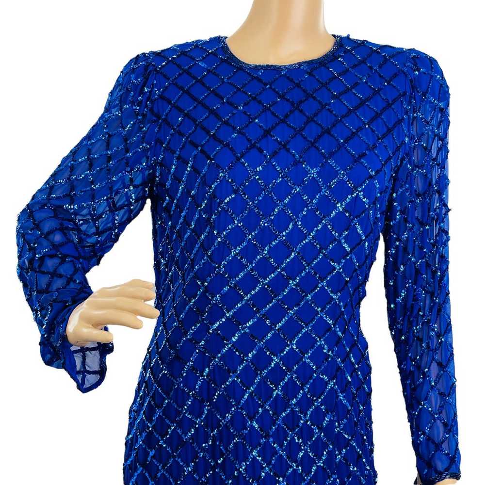 VINTAGE 80s NITELINE Blue 100% Silk Sequins Long … - image 8