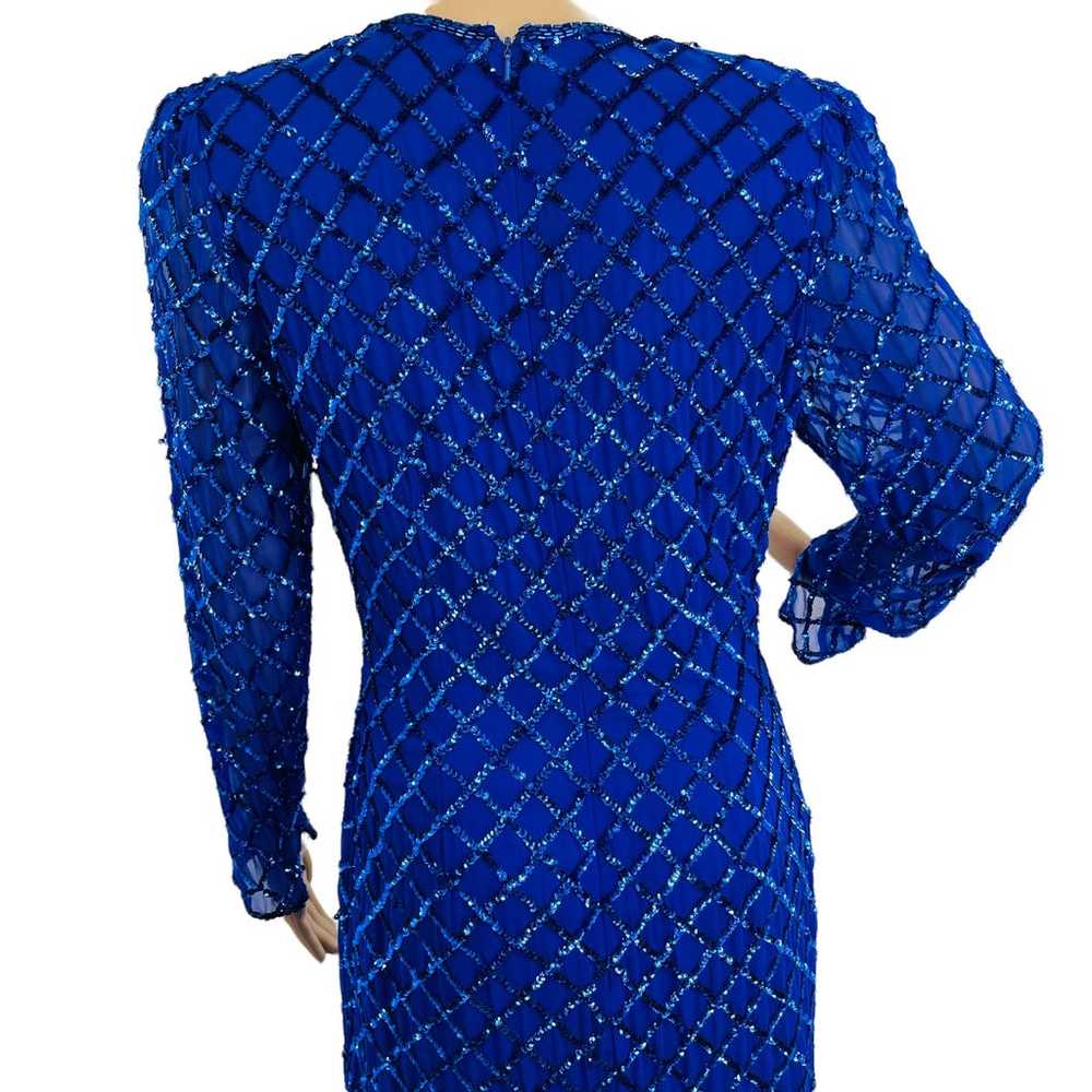 VINTAGE 80s NITELINE Blue 100% Silk Sequins Long … - image 9