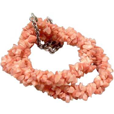 Vintage Coral Chip 3 Strand Twist Beaded Necklace… - image 1
