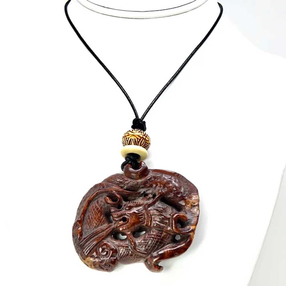 Carved Wood Chinese Dragon Pendant Necklace - image 2