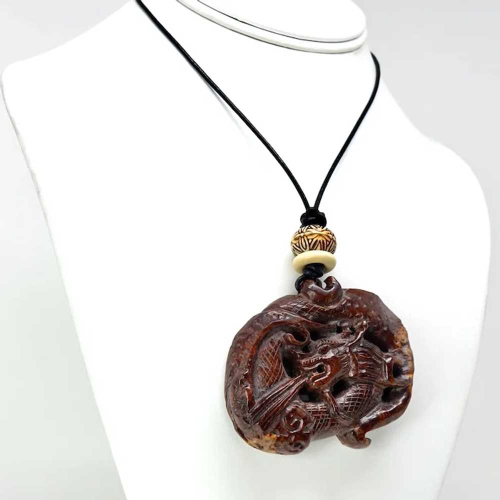 Carved Wood Chinese Dragon Pendant Necklace - image 3