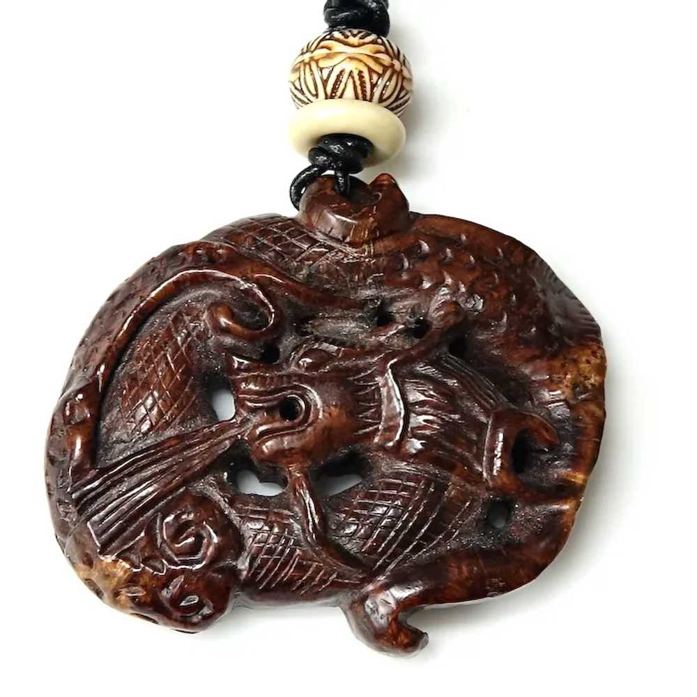 Carved Wood Chinese Dragon Pendant Necklace - image 4