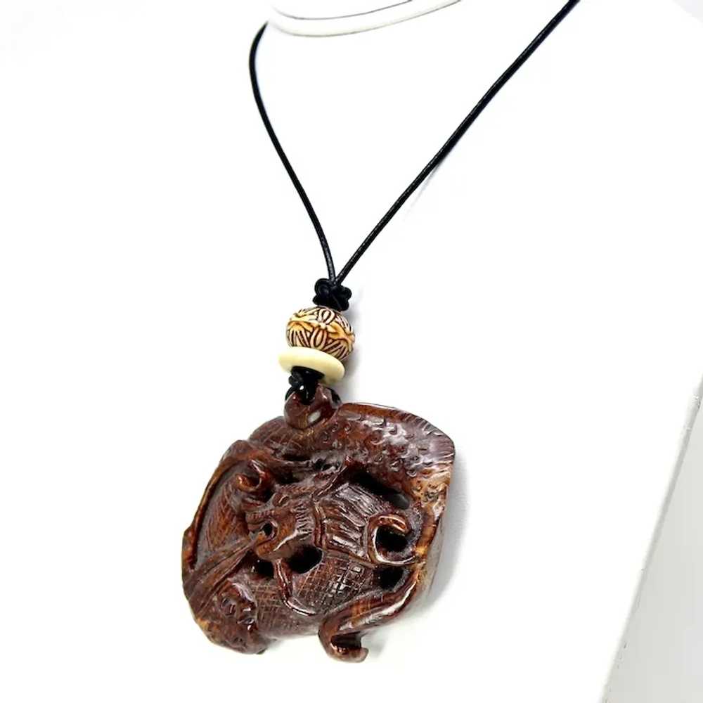 Carved Wood Chinese Dragon Pendant Necklace - image 5