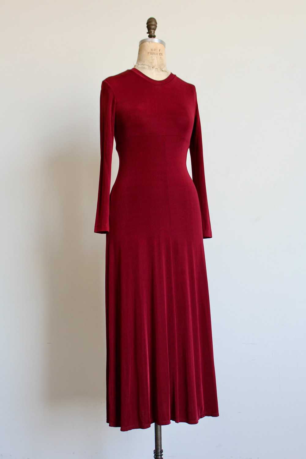 1990s Maroon Stretch Nylon Long Sleeve Maxi Mock … - image 1