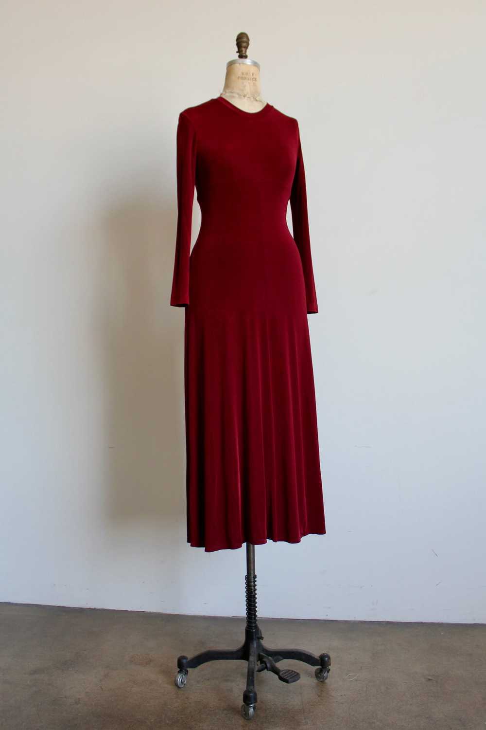 1990s Maroon Stretch Nylon Long Sleeve Maxi Mock … - image 4