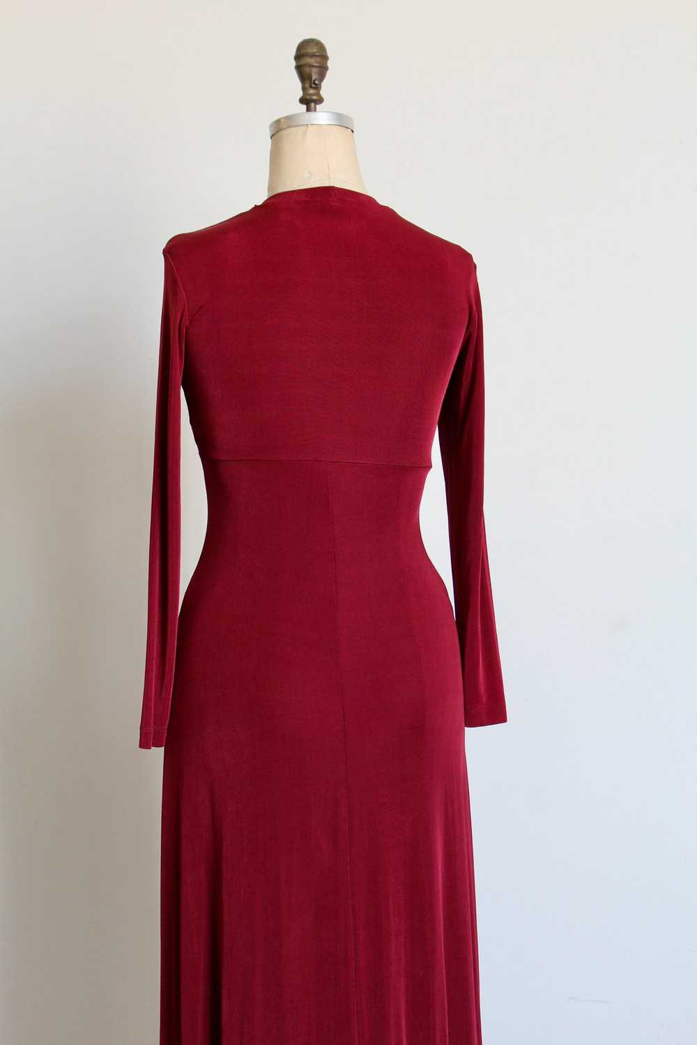 1990s Maroon Stretch Nylon Long Sleeve Maxi Mock … - image 6