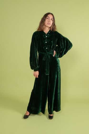 1930s Green Silk Velvet Jumpsuit [sm/med] - image 1