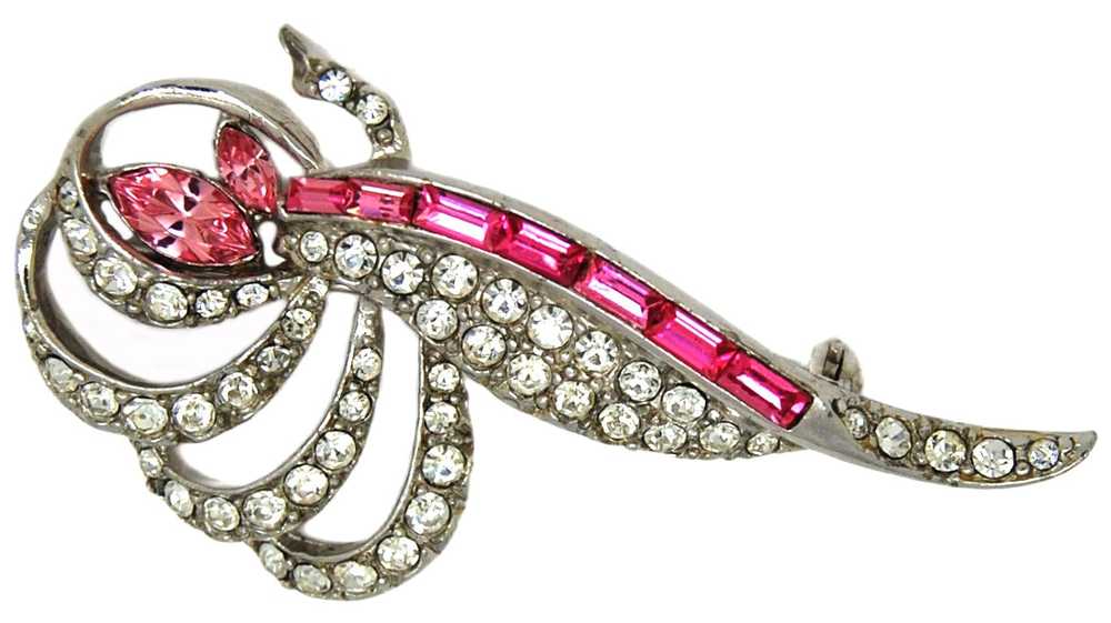 Beautiful Pink & Clear Rhinestones Rhodium Leaf A… - image 1