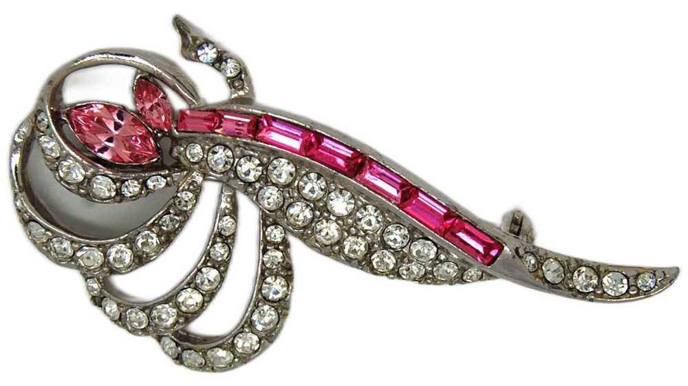 Beautiful Pink & Clear Rhinestones Rhodium Leaf A… - image 2