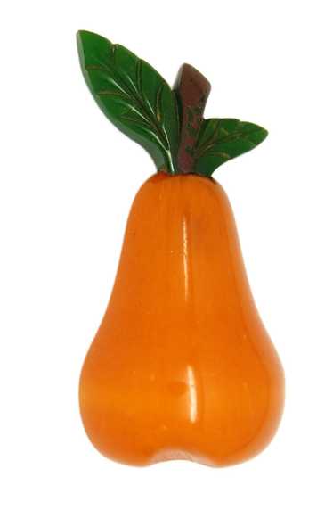 Bakelite Honey Color Pear & Deep Green Carved Lea… - image 1