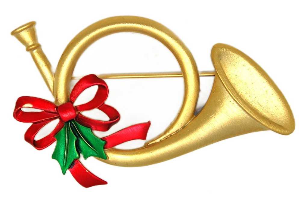 JJ Christmas Red Ribbon Trumpet Horn Vintage Figu… - image 1