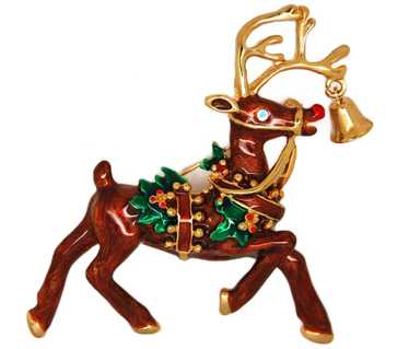 Christmas Gold Tone Enamel Fancy Reindeer Vintage… - image 1