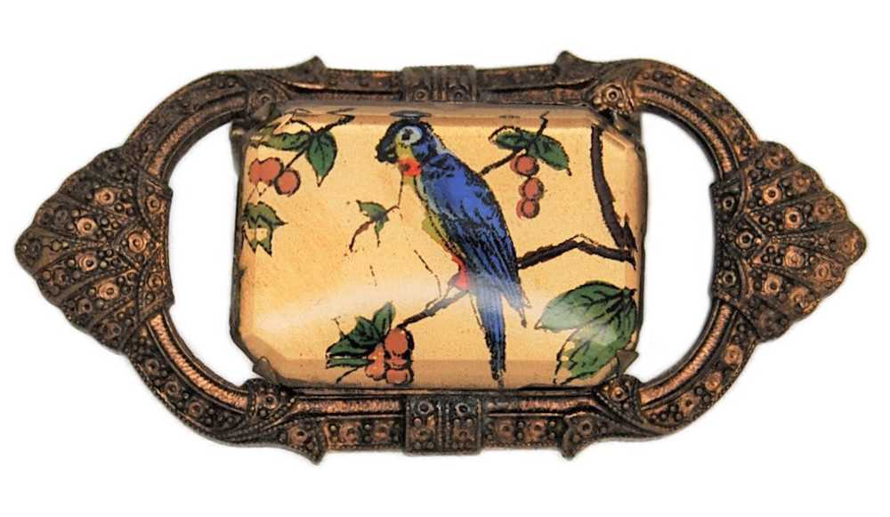 Antique Reverse Glass Art Parrot on Branch Figura… - image 1