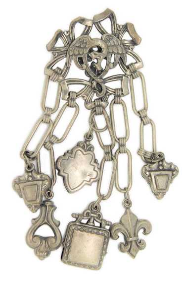 Dragon Dangle Chatelaine Silver Tone 6 Charms Vint