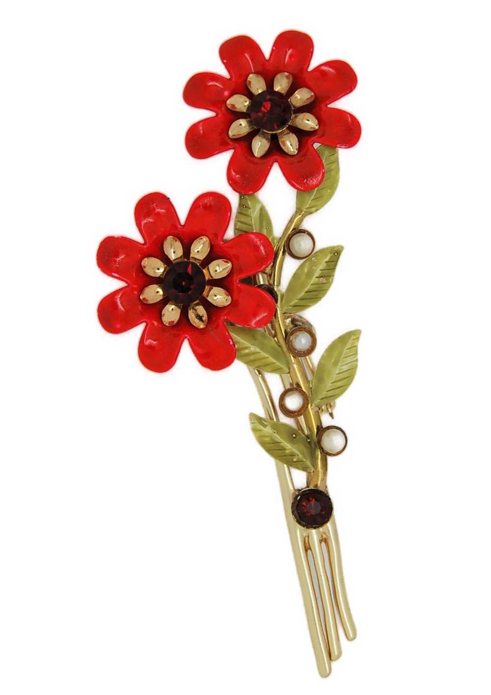 Coro Double Flower Red Enamel Stems Vintage Figur… - image 1