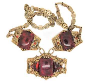 Art Deco Ruby Red Lucite & Pearls Gold Tone Dangl… - image 1