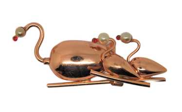 Art Deco Copper & Pearls Swan & Cygnets Vintage F… - image 1
