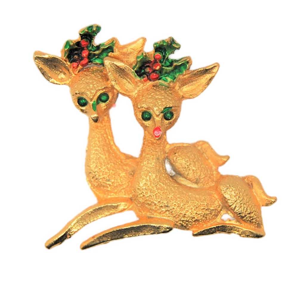 Christmas Deer Holly & Berries Vintage Figural Br… - image 1