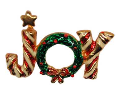 Joy Wreath Fashion Pin Candy Cane Stripes and Bow Gold Tone Joy Wreath Fashion Pin Candy Cane Stripes and Bow Gold Tone