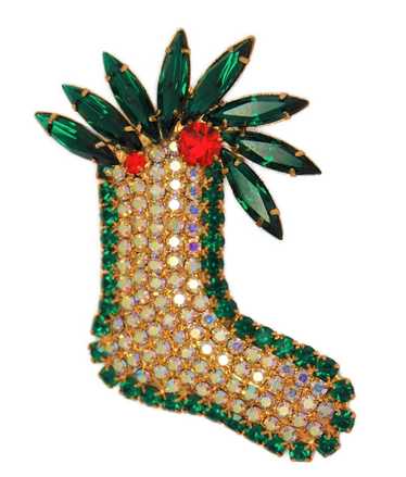 Christmas Sparkling Stocking Holly Figural Pin Bro