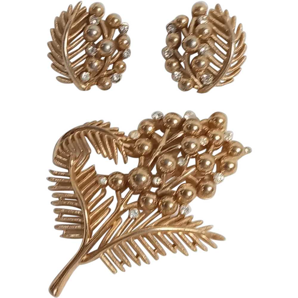 Trifari faux golden pearl rhinestone pin clip ear… - image 1